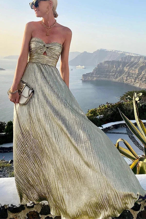 Theodora | Glamurozna bleščeča plisirana večerna maxi obleka brez naramnic