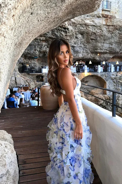 Lavinia | Boho lepršava ljetna maxi haljina za plažu s volanima, slojevima i prorezom