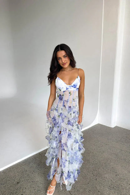 Lavinia | Boho lepršava ljetna maxi haljina za plažu s volanima, slojevima i prorezom