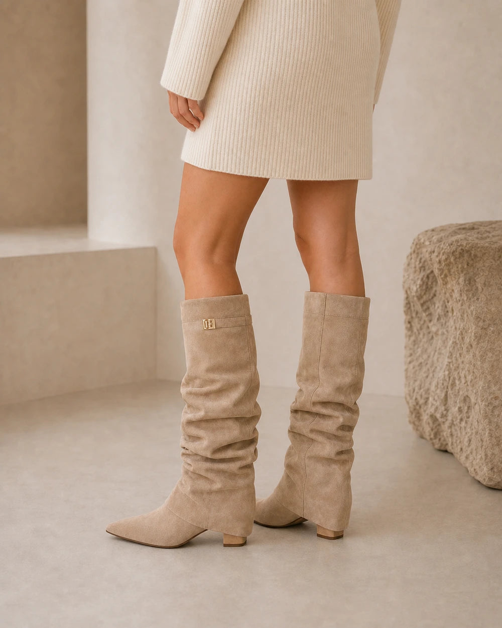 Women's light-brown ruched knee-high boots, rear three-quarter view.
